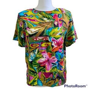 Tess 100% Silk Vintage Boxy Short Sleeve Top Tropical Abstract Bright Medium